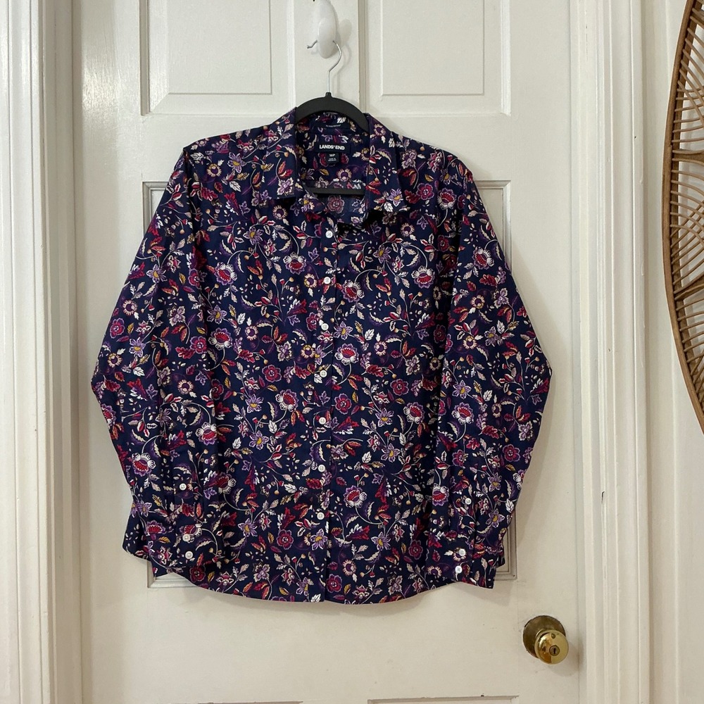 Lands End Supima Cotton Floral Shirt 16P Button Up No Iron Cottagecore Preppy
